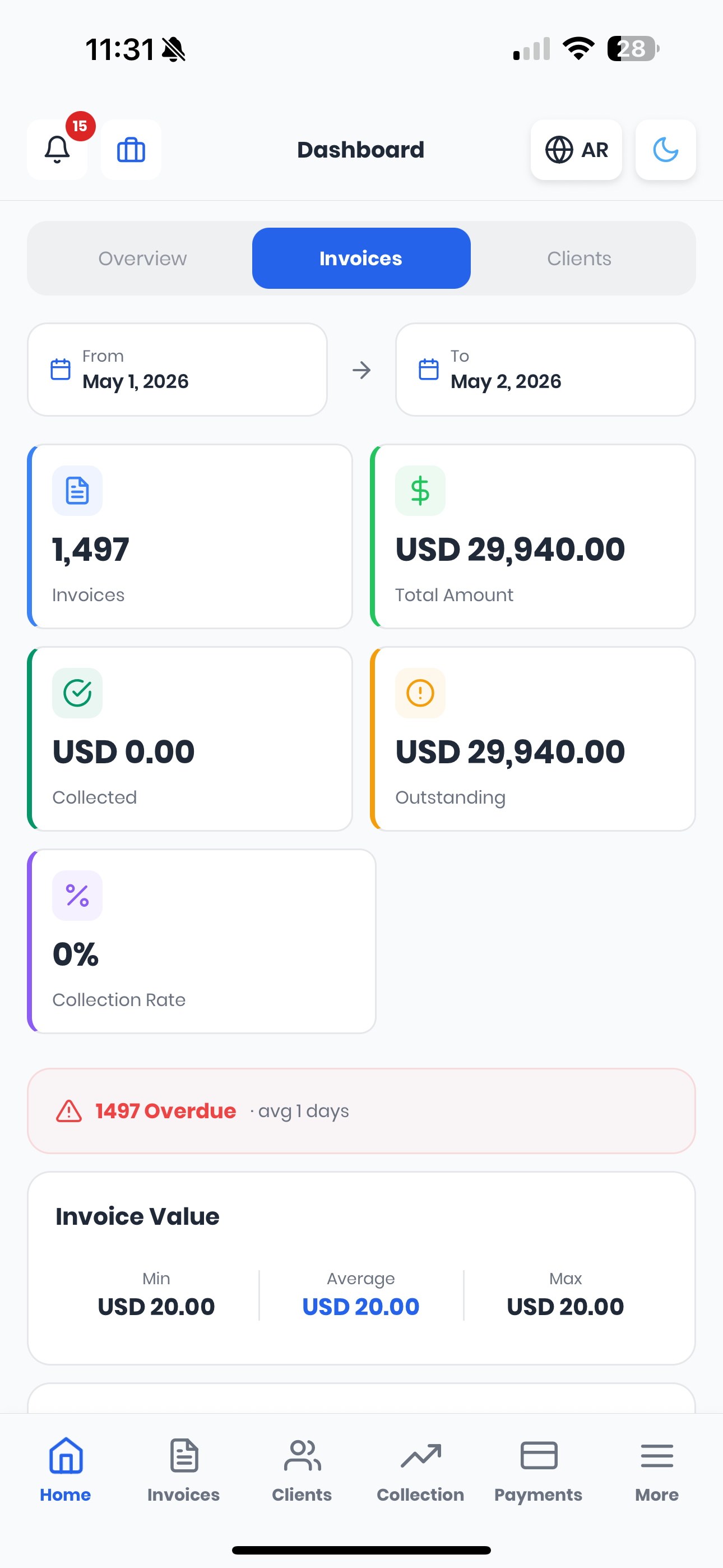 Dashboard screen